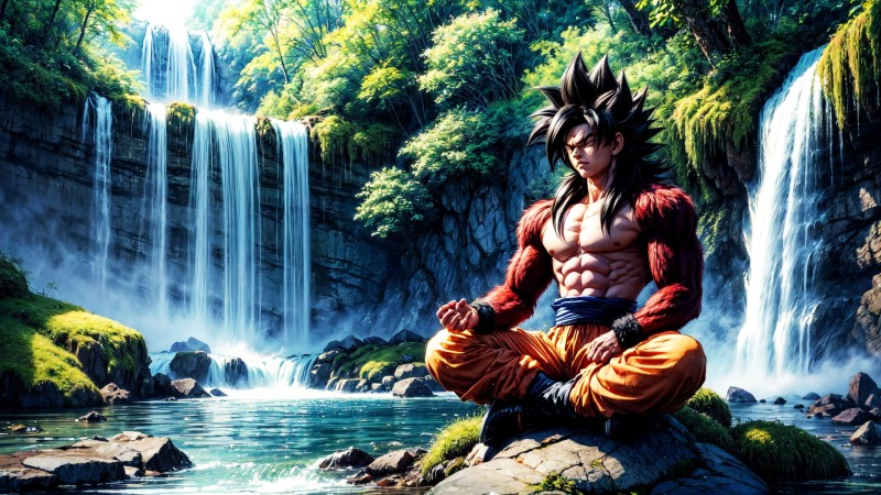 AI Art, Son Goku, Super Saiyan 4, Waterfall, Digital Art Wallpaper
