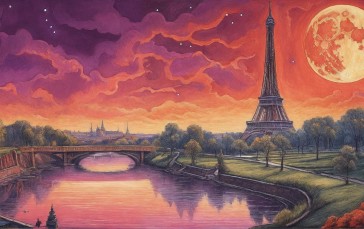 AI Art, Digital Art, Eiffel Tower, Moon, River, Drawing Wallpaper