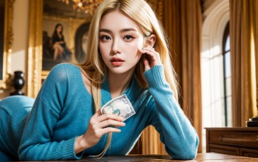 AI Art, Women, Money, Blue Sweater, Depth of Field, Blonde Wallpaper
