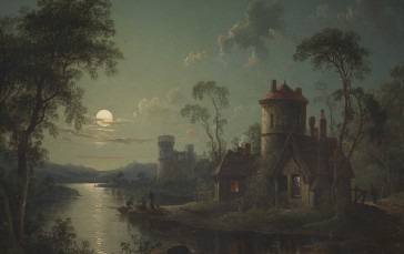 Sebastian Pether, Castle, House, Moonlight, Oil on Canvas Wallpaper