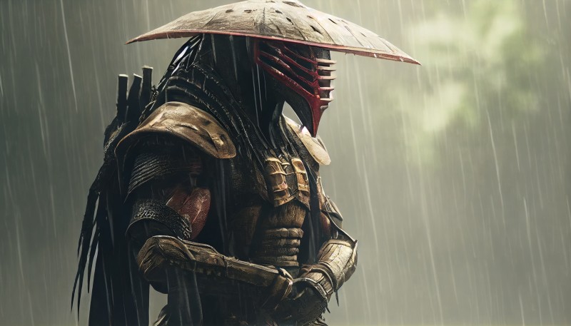 AI Art, Illustration, Predator (creature), Samurai, Japan, Rain Wallpaper