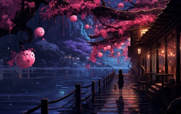 Japan, Night, Warm Light, Magnolia Wallpaper