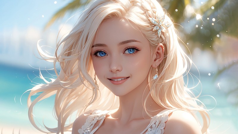 AI Art, Blue Eyes, Blonde, White Shirt, Beach Wallpaper