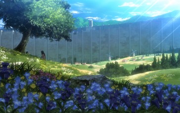 Shingeki No Kyojin, Mikasa Ackerman, Eren Jeager, Flowers, Trees, Windmill Wallpaper