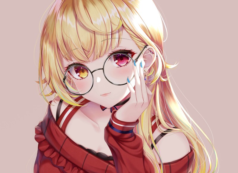 Anime, Anime Girls, Glasses, Heterochromia, Blonde, Minimalism Wallpaper