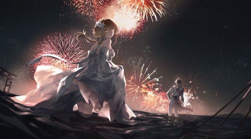 Anime, Anime Girls, Fireworks, Genshin Impact, Lumine (Genshin Impact) Wallpaper