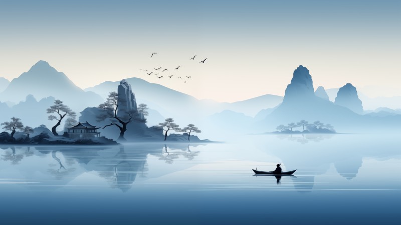 AI Art, Painting, Chinese, Blue, Water, Boat Wallpaper