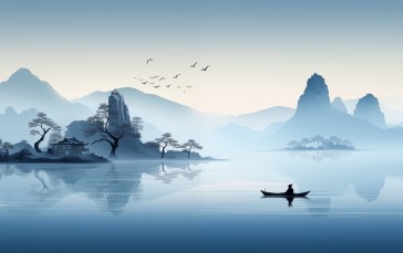 AI Art, Painting, Chinese, Blue, Water, Boat Wallpaper