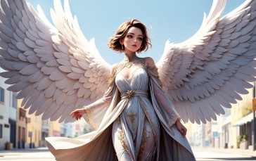 AI Art, Angel, Wings, White Dress Wallpaper