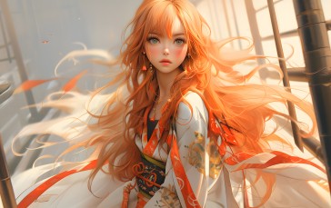 AI Art, Women, Redhead, Looking at Viewer, Long Hair, Asian Clothing Wallpaper