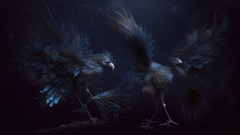 AI Art, Dark, Blue, Birds Wallpaper