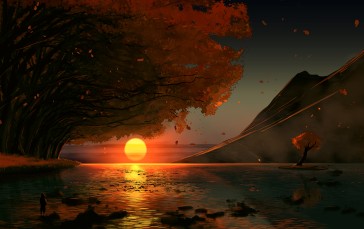 Sunset, Fallen Leaves, Sun, Water Wallpaper