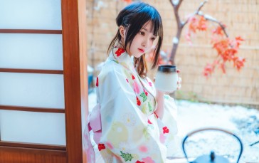 CherryNeko, Black Hair, Kimono, Lips Wallpaper