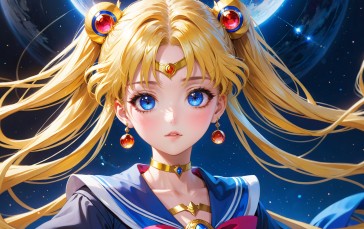 Sailor Moon, Earring, Blue Eyes, Blonde, Looking at Viewer, AI Art Wallpaper