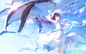 Rednian, Flying Whales, Anime Girls, Looking Away, White Dress, Purple Hair Wallpaper