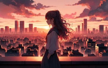 Anime Girls, School Uniform, Schoolgirl, Cityscape, Sunset, Sunset Glow Wallpaper