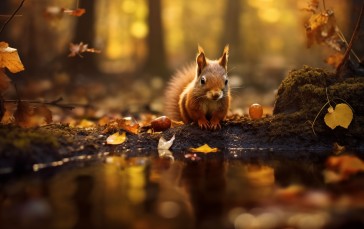 AI Art, Fall, Orange, Water, Squirrel Wallpaper