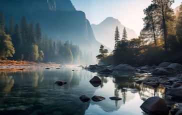 AI Art, River, Yosemite National Park, Mountains, Sunlight, Water Wallpaper