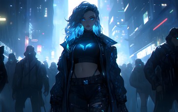 Cyberpunk, Science Fiction, Black Clothing, Blue, Night, AI Art Wallpaper