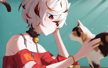 Anime, Anime Girls, Two Tone Hair, Red Eyes, Cats, Animals Wallpaper