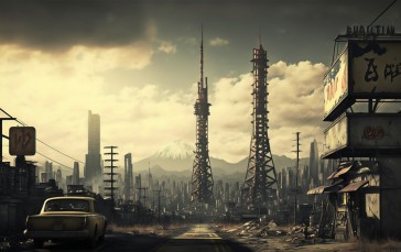 AI Art, City, Post Apocalypse, Mountains Wallpaper
