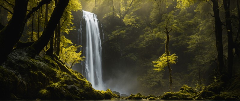 AI Art, Forest, Waterfall, Trees, Water Wallpaper