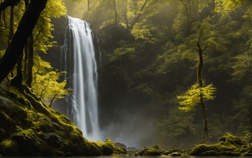 AI Art, Forest, Waterfall, Trees, Water Wallpaper