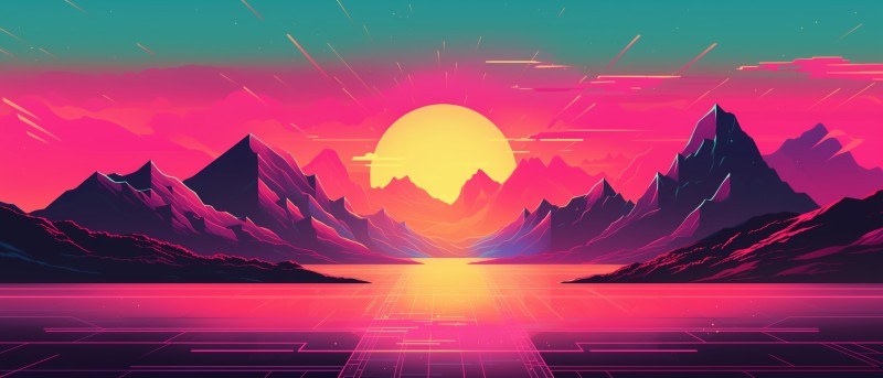 AI Art, Synthwave, Sunset, Sun Wallpaper