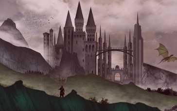 Fantasy Castle, Dragon, Mist, Digital Art Wallpaper