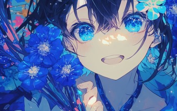 Anime Girls, Blue Eyes, Flowers, AI Art Wallpaper