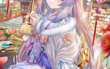 White Hair, Flower Dress, Torino Akua, Sangonomiya Kokomi (Genshin Impact), Portrait Display, Anime Girls Wallpaper