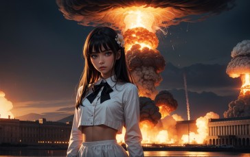 AI Art, Women, Black Hair, Explosion, Crop Top Wallpaper