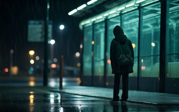 AI Art, Cyan, Rain, Waiting, Bus Stop Wallpaper