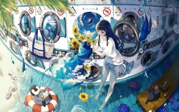 Anime Girls, Blue Dress, Sunflowers, Laundromat, Washing Machine Wallpaper