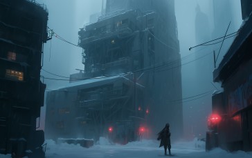 AI Art, Cyberpunk, City, Snow, Mist, Digital Art Wallpaper