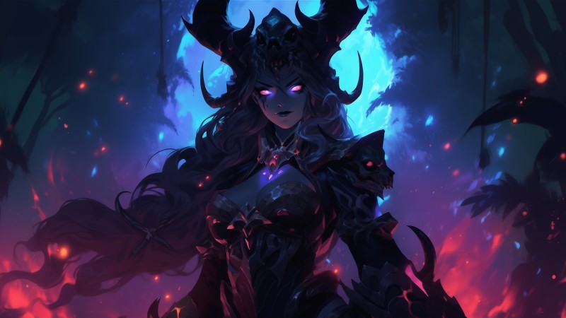 AI Art, Devil Horns, Armored Woman, Forest, Purple Light, Blue Light Wallpaper