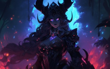 AI Art, Devil Horns, Armored Woman, Forest, Purple Light, Blue Light Wallpaper