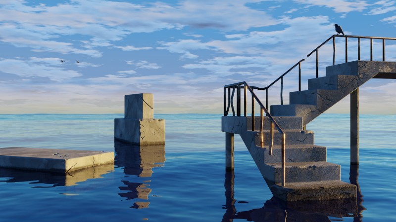Stairs, Water, Sea, Crow Wallpaper