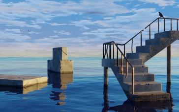 Stairs, Water, Sea, Crow Wallpaper