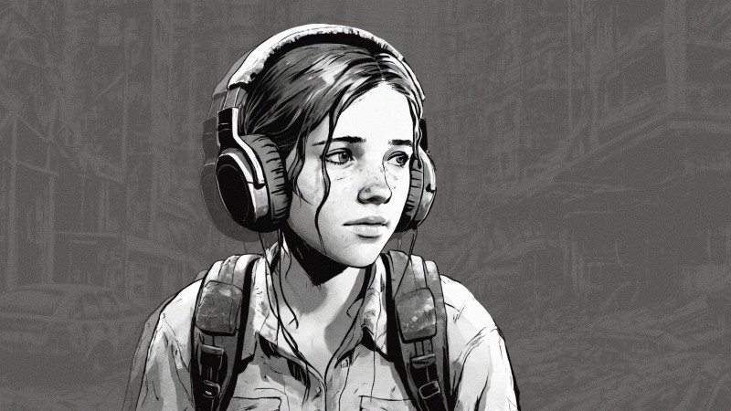 AI Art, Ellie Williams, The Last of Us, Headphones, Monochrome Wallpaper