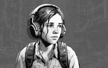 AI Art, Ellie Williams, The Last of Us, Headphones, Monochrome Wallpaper