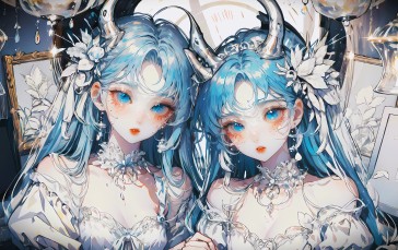 Twins, Portrait, Doll, Blue Hair, White Wallpaper