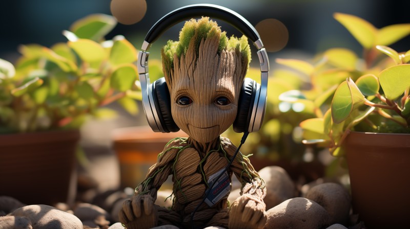 AI Art, Baby Groot, Headphones, Plants, Digital Art Wallpaper