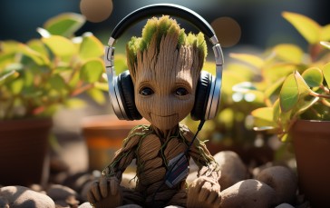 AI Art, Baby Groot, Headphones, Plants, Digital Art Wallpaper