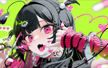 Anime, Anime Girls, Scissors, Open Mouth, Green Background Wallpaper