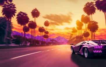 AI Art, Sunset, Sports Car, Lamborghini, Synthwave, Palm Trees Wallpaper