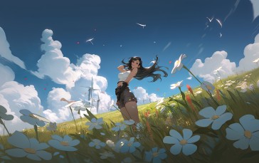 Final Fantasy VII, AI Art, Flowers, Field, Sky, Tifa Lockhart Wallpaper