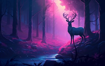 Night, Purple, Deer, Forest Wallpaper