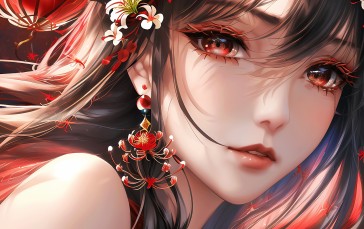 AI Art, Higanbana, Earring, Red Eyes, Long Hair, Anime Girls Wallpaper