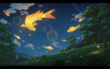 Concept Art, Digital Art, Environment, Night, Fish, Fireworks Wallpaper